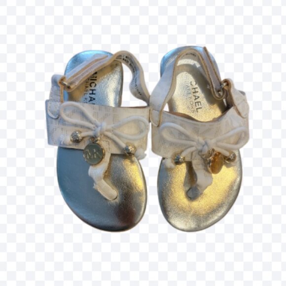 Michael Kors Lennon T White/Soft Gold Bow Thong Toe Dress Sandals - Picture 1 of 15